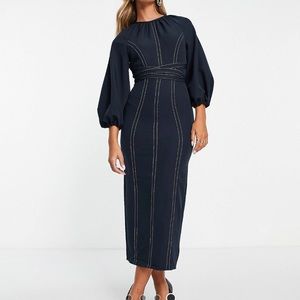 Asos Brand belted contrast stitch puff sleeve dress in Navy Blue